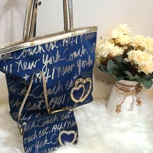 Coach bag ! Beautiful blue & gold coach bag with wristlet.  Very little wear!